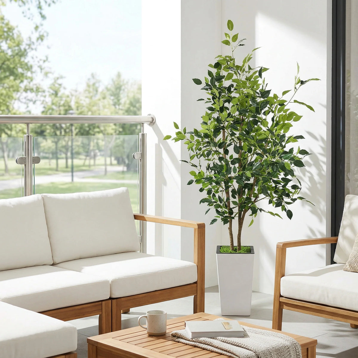 Realistic Artificial Green Plant In Tall White Pot With Textile Foliage And Distinctive Trunk Easy Care Indoor Decoration For Living Room Office Entryway