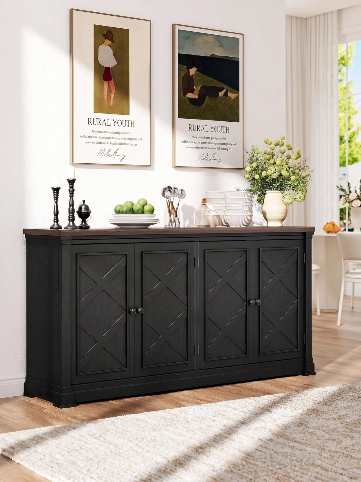 63 Inch Solid Wood Sideboard Buffet Cabinet w/ 4 Barn Doors & Adjustable Shelves, Hidden Storage Coffee Bar for Kitchen Living Room Entryway, Black
