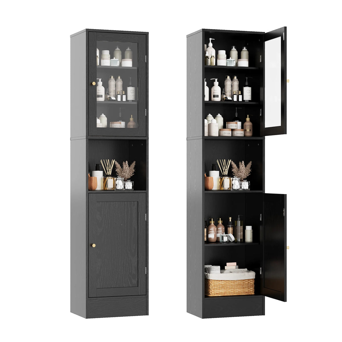 67" Tall Slim Bathroom Storage Cabinet with Glass Doors Adjustable Shelves & Anti-Tip Kit – Space-Saving Linen Tower for Bath, Kitchen or Laundry Room (Gray Wood Grain/Black/White)