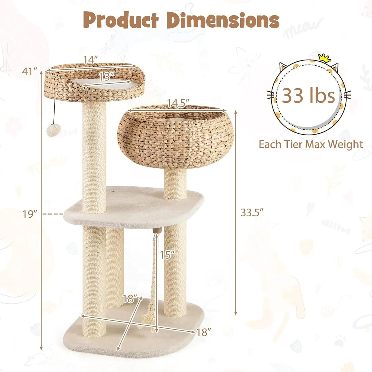 41inch Modern Cat Tree, Tall Cat Tower with Natural Sisal Scratching Post, Hand-Made Wicker Cat Condo & Top Perch, Funny Hanging Toy Ball, Cute Cat Tree Tower for Indoor Cats