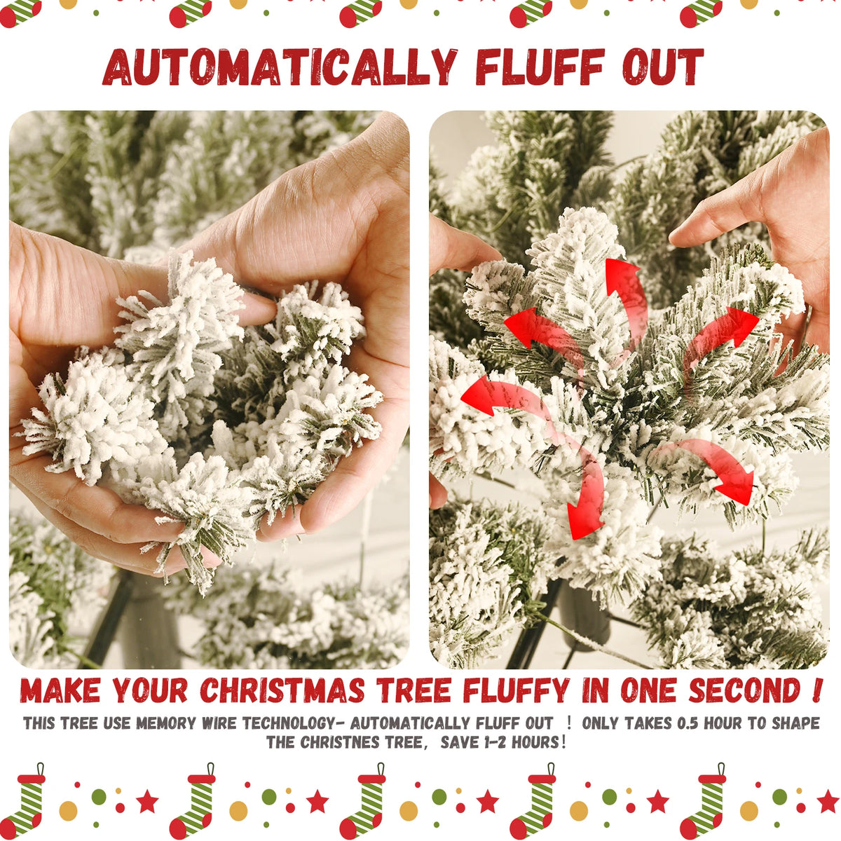 Pre-Lit Flocked Christmas Tree with Colorful LED Lights, 7.5/8ft PE+PVC+Hard Needle Memory Wire Construction, 10 Lighting Modes Foot Switch Hinged Artificial Holiday Tree with Metal Stand, Green/White