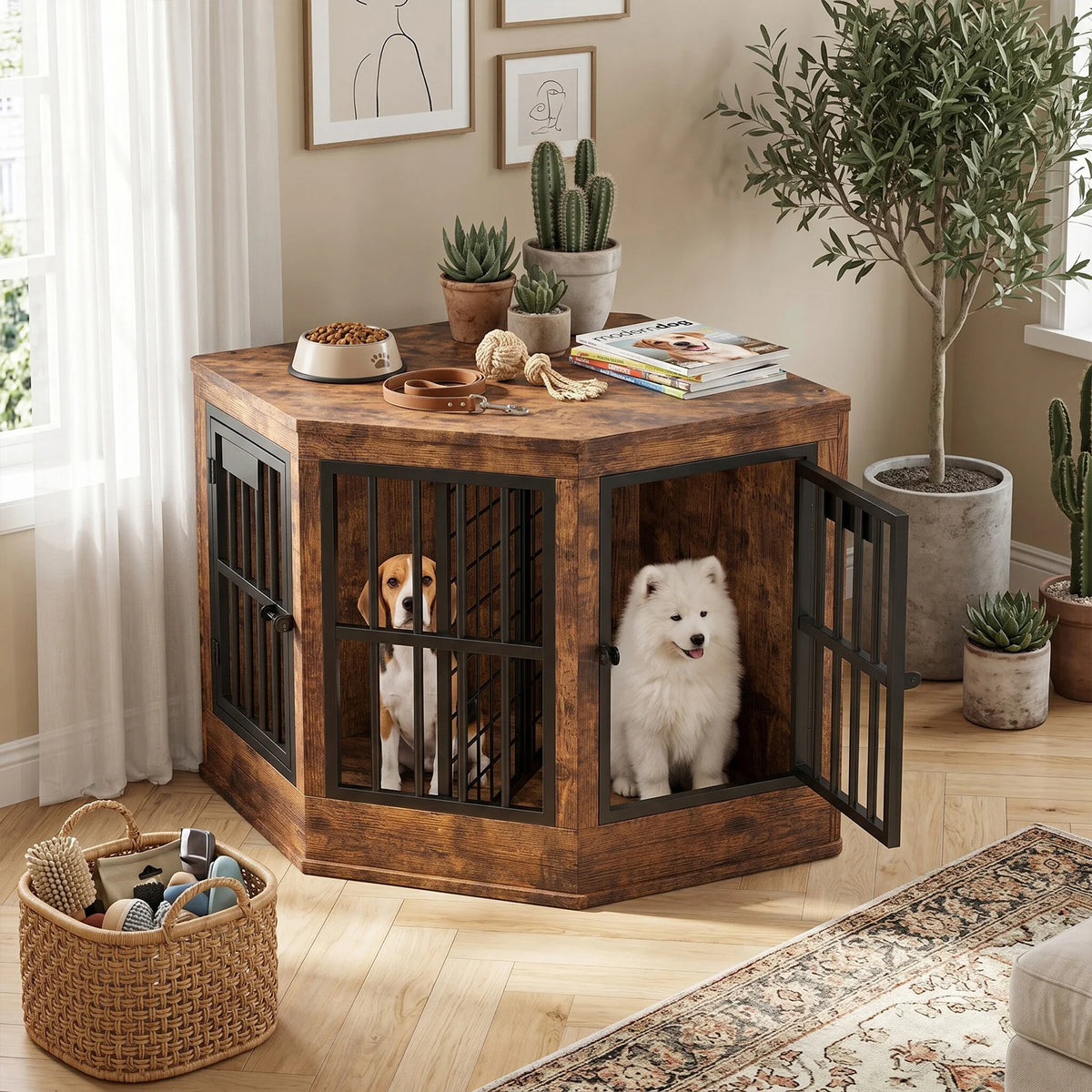 Corner Dog Crate Furniture Modern Indoor Dog Cage Decorative Pet House TV Stand for Medium and Large Sized Dogs Kennel Brown
