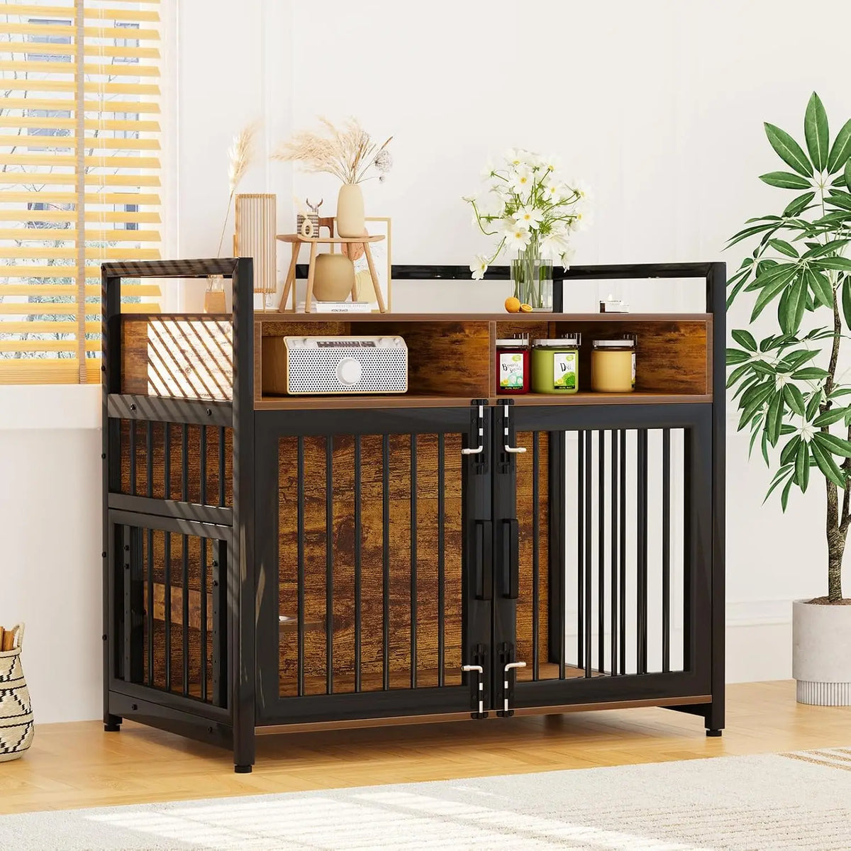 Garvee Dog Crate Furniture With Storage Shelves And Double Doors