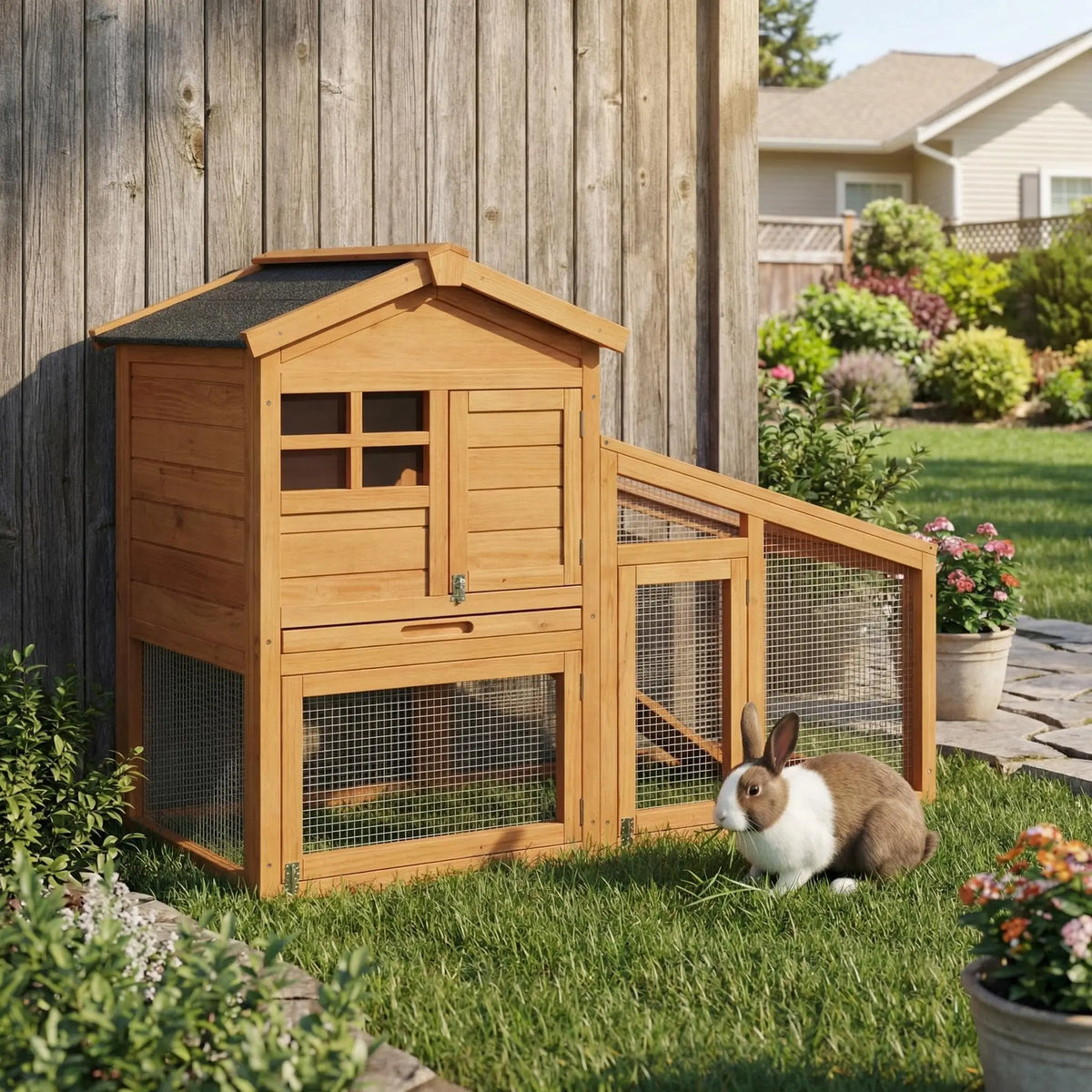 Double Layer Rabbit Hutch – 53.2"l Wooden Bunny Cage with Run, Removable Tray, Weatherproof Asphalt Roof, & Ramp – Indoor/Outdoor Pet House for Rabbits, Guinea Pigs, Chickens