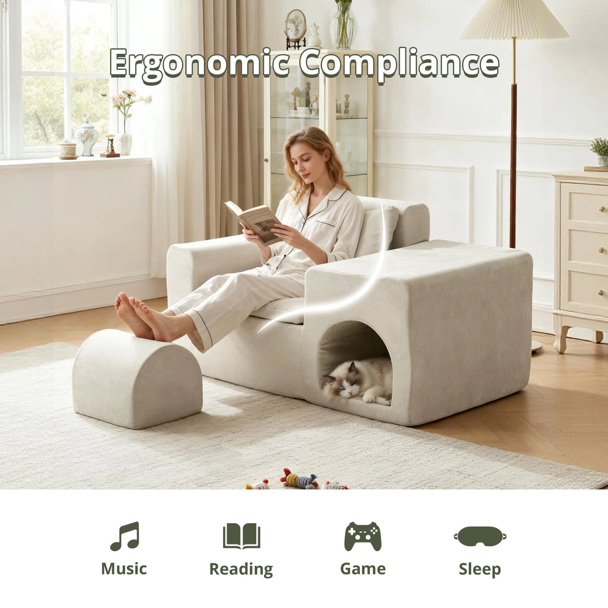 55 Inch Boneless Floor Sofa Chair Beige 4-in-1 Pet-Friendly Human Lounge Seat No Assembly Required Couch for Living Room Bedroom Apartment