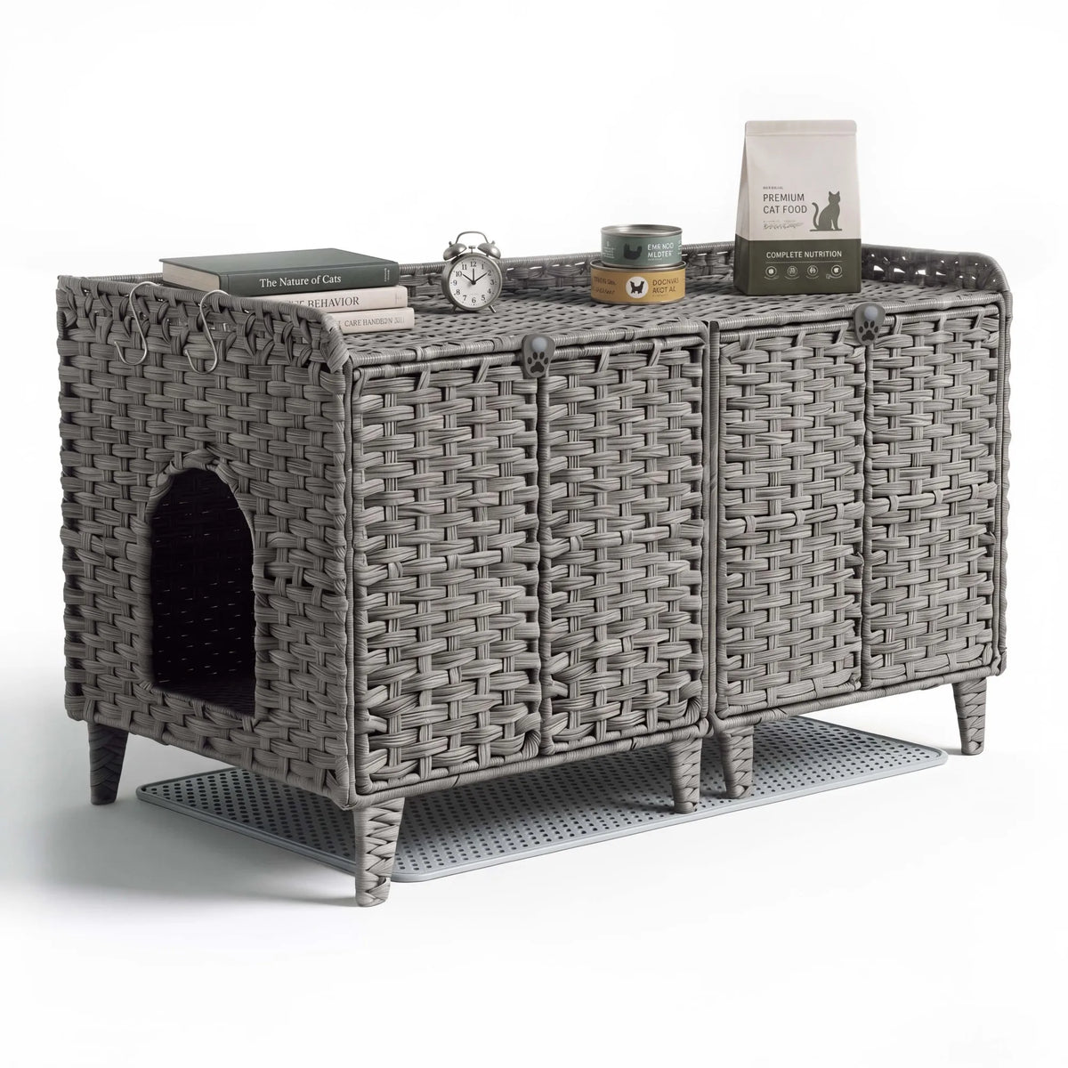 Hidden Rattan Cat Litter Box Enclosure For Cats Odor Free Easy Clean Wicker Cabinet With Airflow Vents