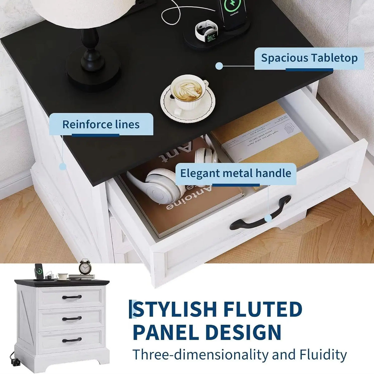 3 Drawer Farmhouse Bedside Cabinet with Charging Station, Storage Nightstand with USB Ports and Power Outlets for Bedroom Home