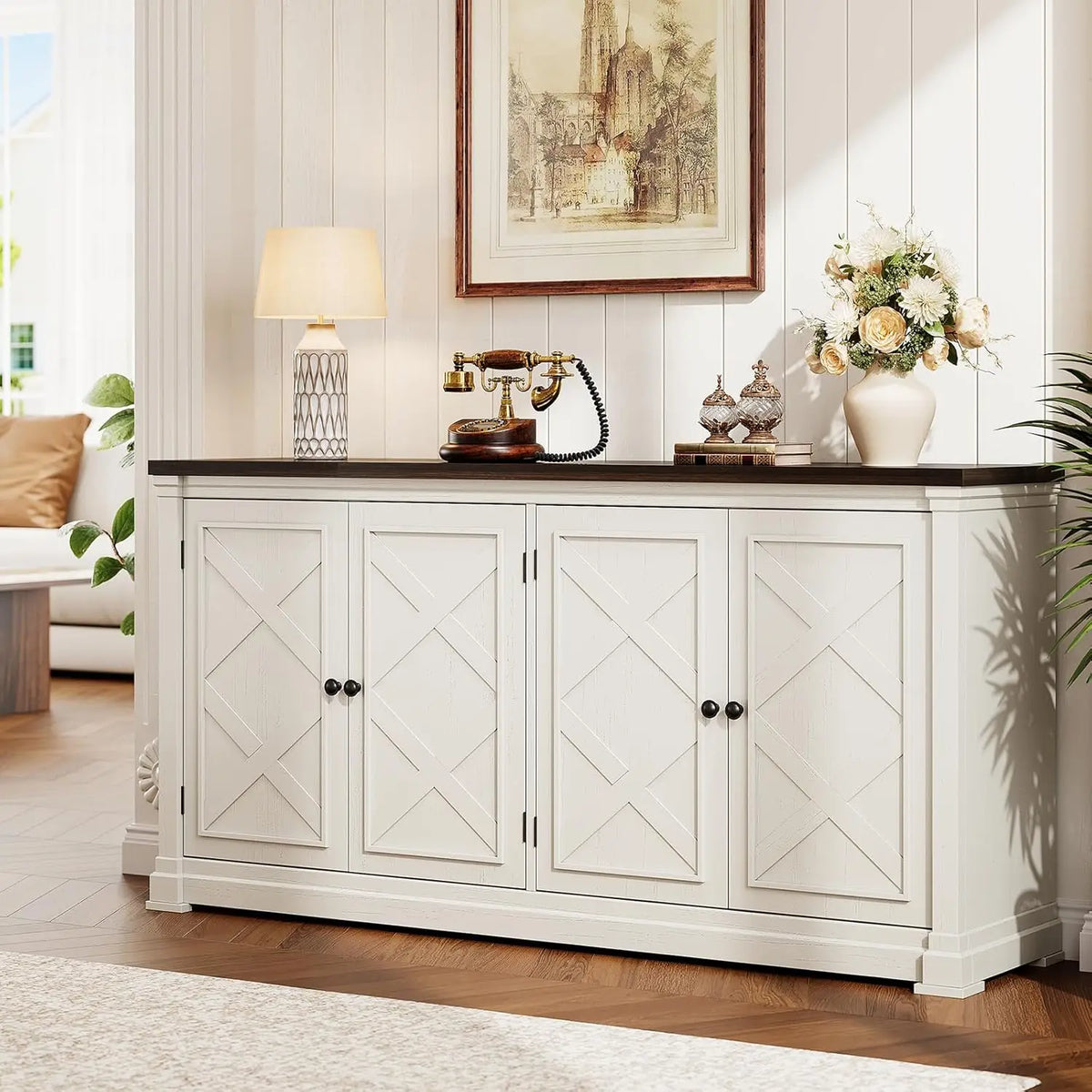 63 Inch Solid Wood Sideboard Buffet Cabinet w/ 4 Barn Doors & Adjustable Shelves, Hidden Storage Coffee Bar for Kitchen Living Room Entryway, Black