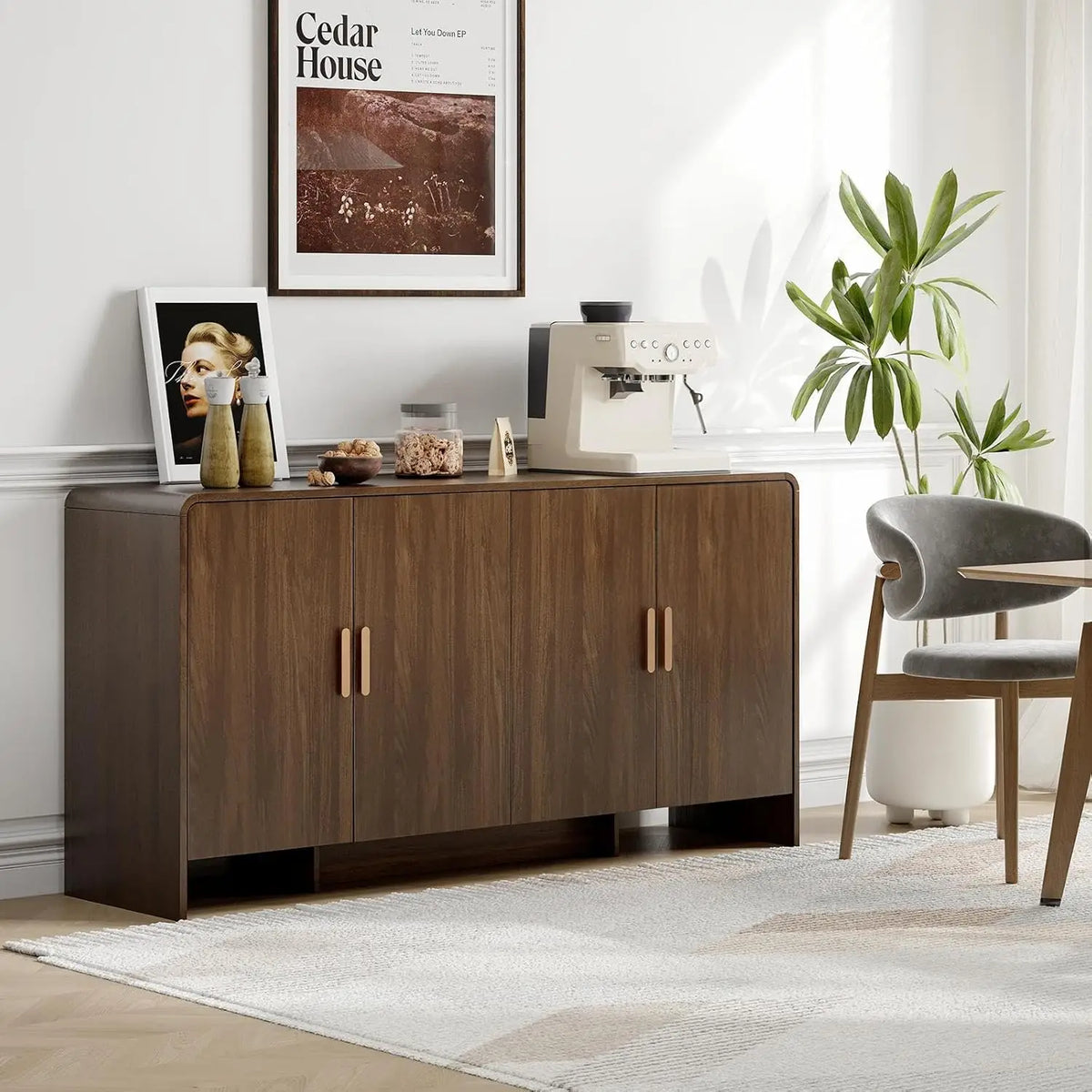 60 Inch Sideboard Cabinet with Adjustable Shelves & Storage - Mid-Century Walnut Buffet Cabinet for Living Room, Dining Room, Kitchen | Solid Wood Frame Coffee Bar Console Table