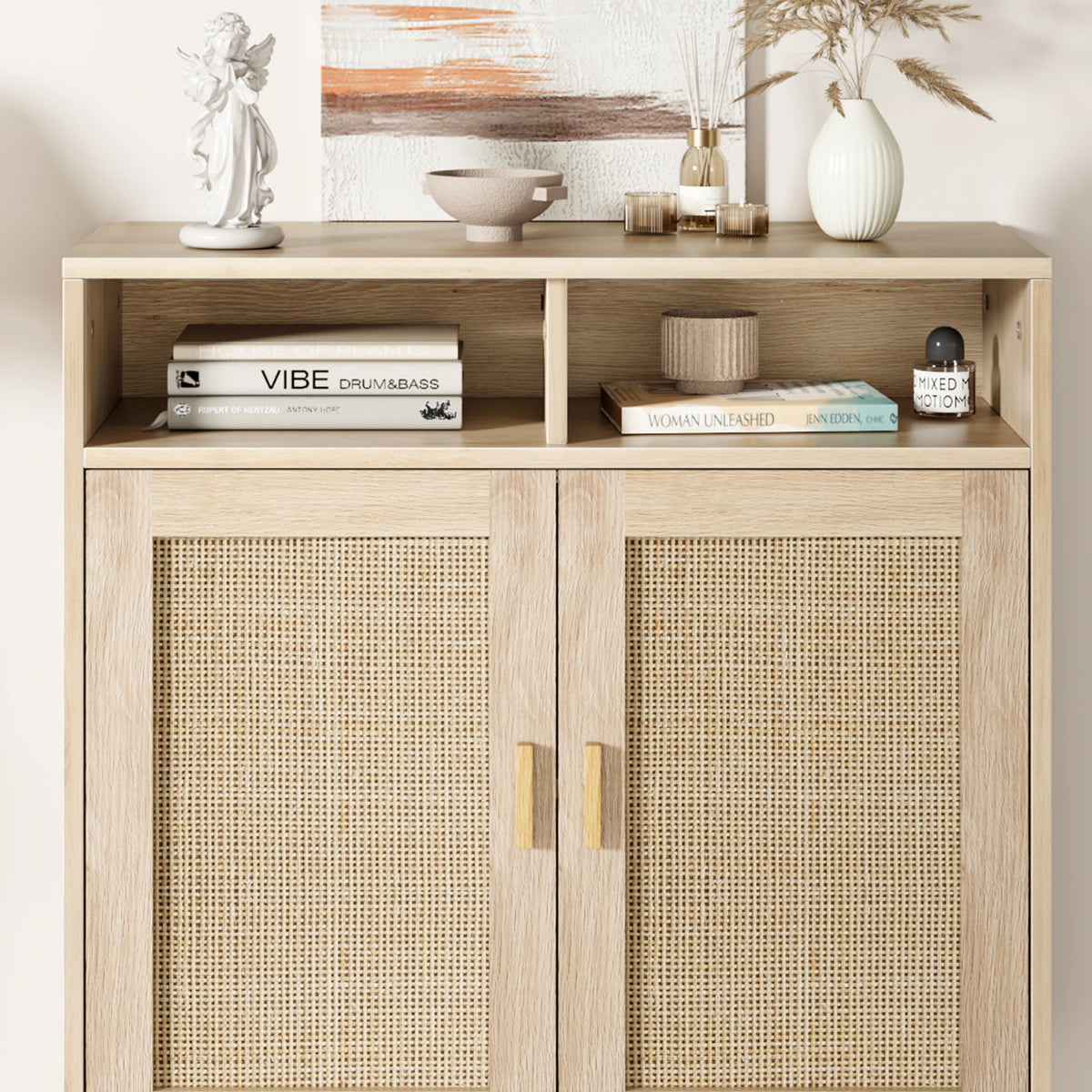 HiMISS Rattan Sideboard Cabinet With Shelves For Living Room Storage