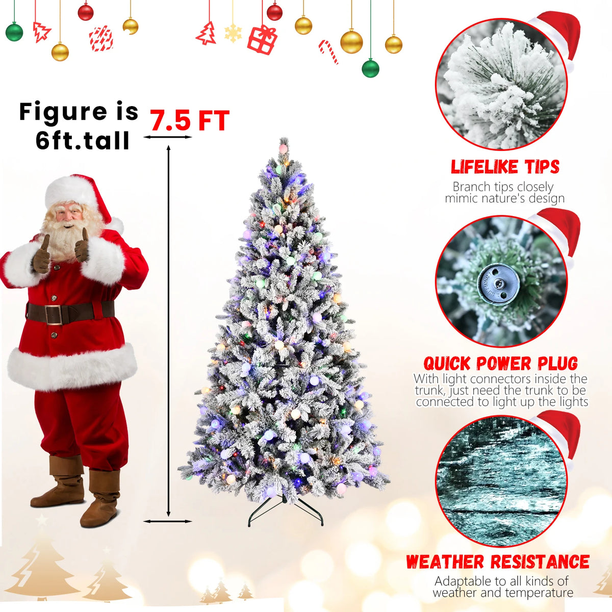 Pre-Lit Flocked Christmas Tree with Colorful LED Lights, 7.5/8ft PE+PVC+Hard Needle Memory Wire Construction, 10 Lighting Modes Foot Switch Hinged Artificial Holiday Tree with Metal Stand, Green/White