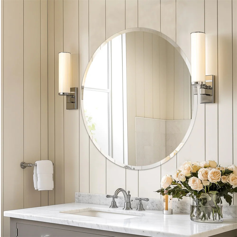 Wisfor 80cm Large Frameless Round Wall Mirror with Beveled Edge Bathroom Vanity Mirror