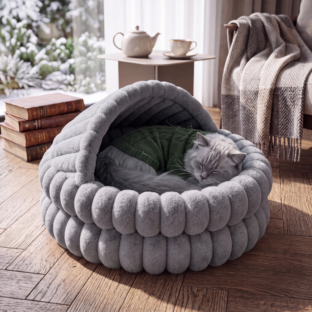 Soft Hooded Cat Cave Bed – Round Enclosed Self-Warming Hideaway for Indoor Cats & Small Dogs, Machine Washable with Non-Slip Bottom