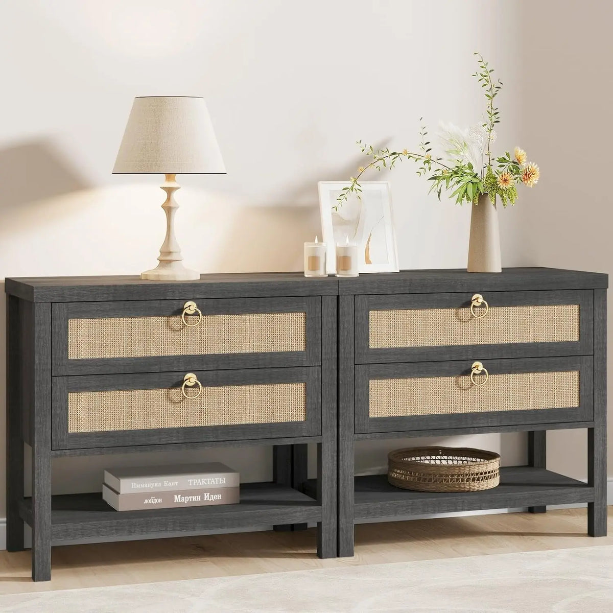 Large White Rattan Nightstands Set of 2, Boho Style with Drawers & Storage Shelf Bedroom Bedside End Table, Custom