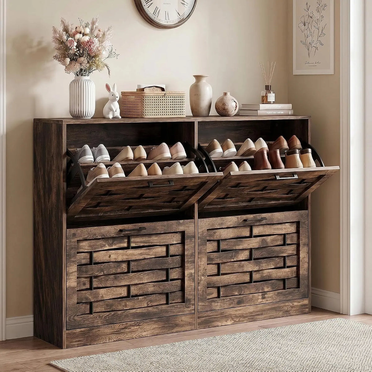 Shoe Cabinet Storage for Entryway with 4 Flip Drawers | Slim Shoe Rack Cabinet with Stylish Handwoven Panel, Farmhouse Shoe Organizer Cabinet for Hallways, Living Rooms Rustic Brown