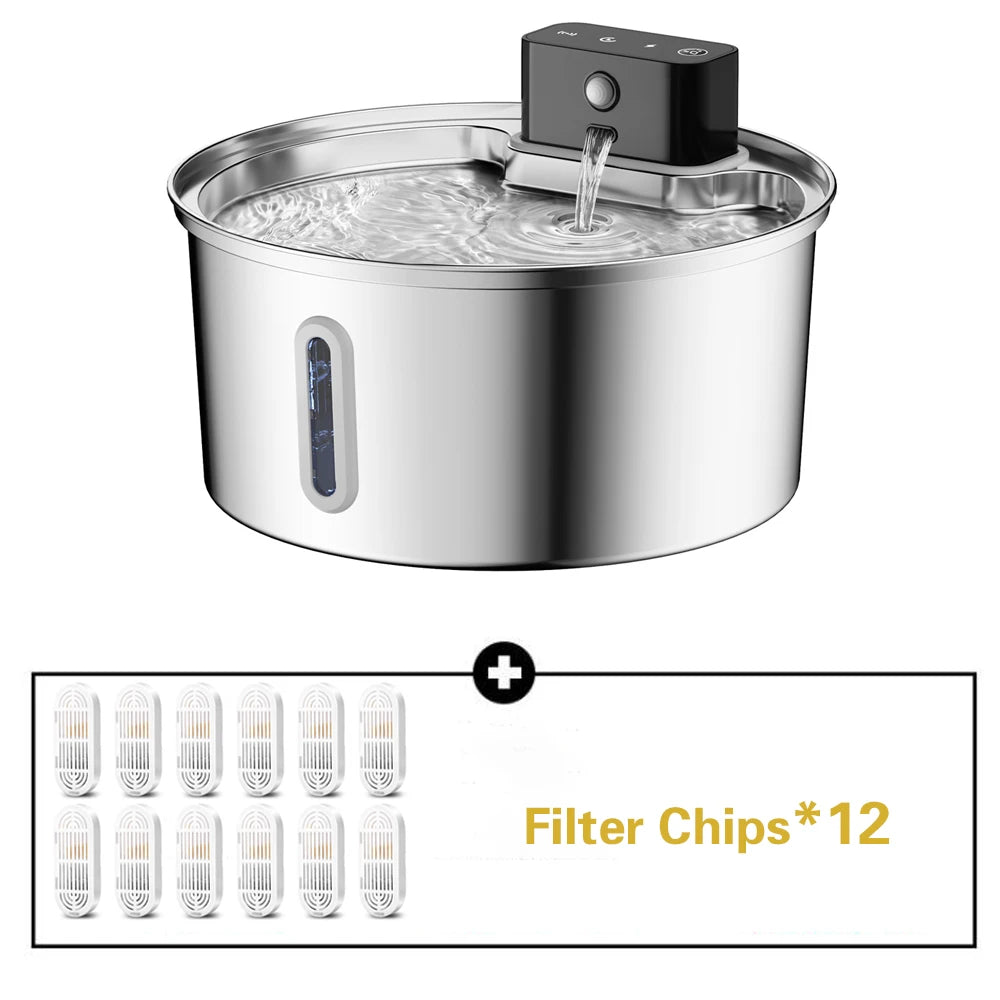 Wireless Stainless Steel Pet Water Fountain, 3.2L Automatic Cat Water Feeder with Motion Sensor, Dog Water Bowl(No 5V 1A Plug)