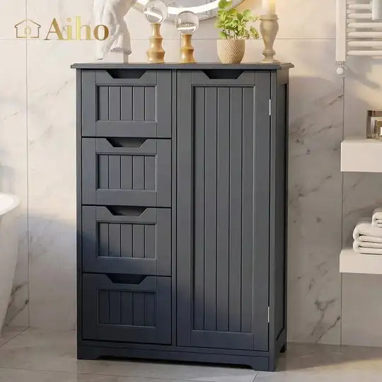 33.5"H Wooden Bathroom Storage Cabinet 4 Drawers with Cupboard and Adjustable Dividers White