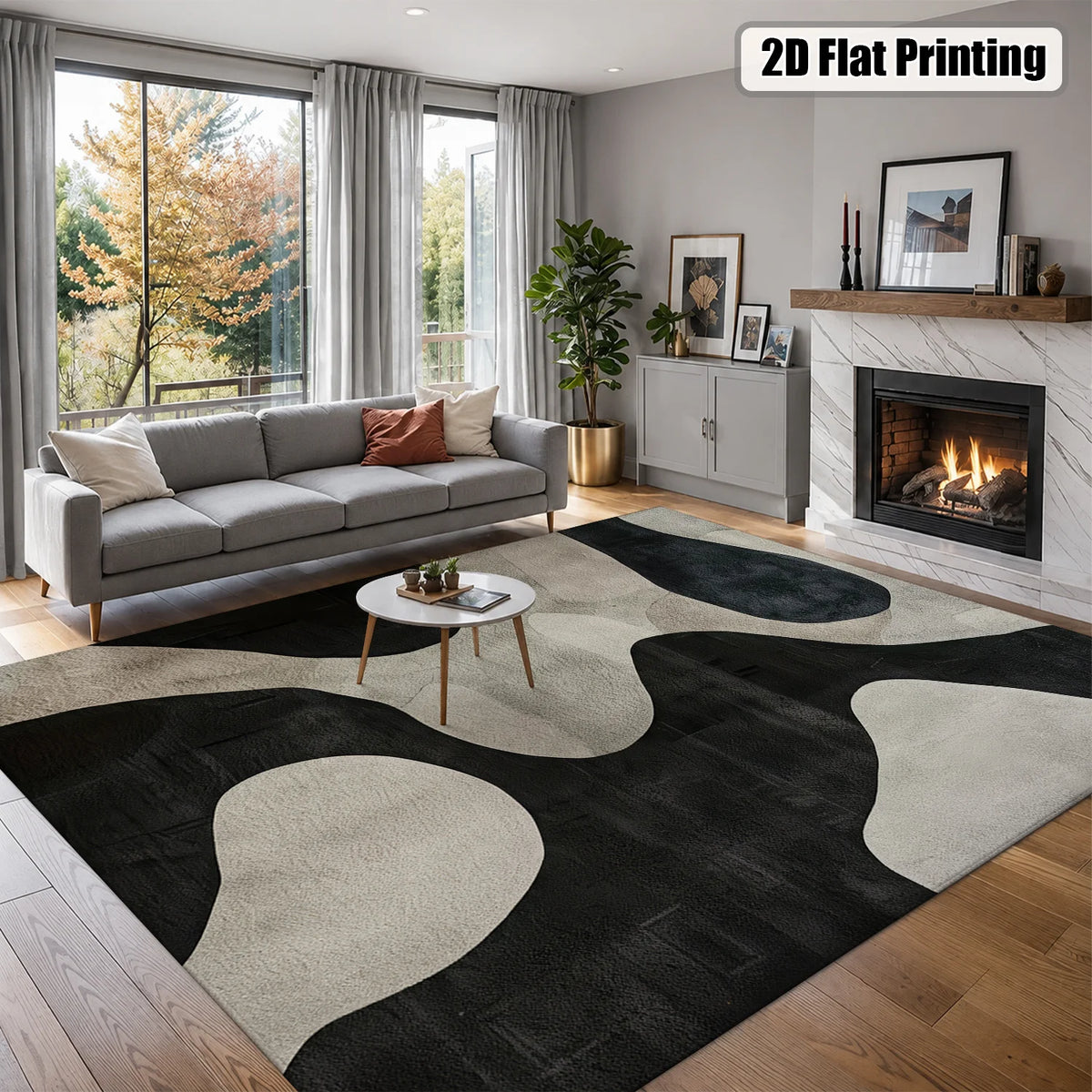 Large Indoor Area Rug, Soft Velvet Low Pile, Non-Slip Dotted Backing, Machine Washable Abstract Organic Black & Cream Pattern Rug for Living Room Bedroom Entryway