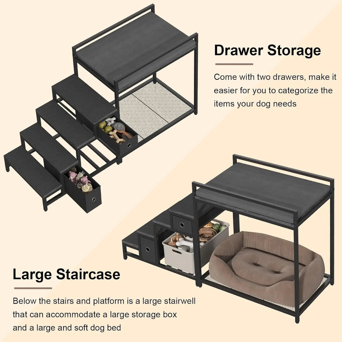 Pet Bunk Bed with 2 Drawers & Removable 4-Step Stairs, Dog/Cat Window Perch with Soft Cushion, Non-Slip Metal Frame, 60 LBS Capacity