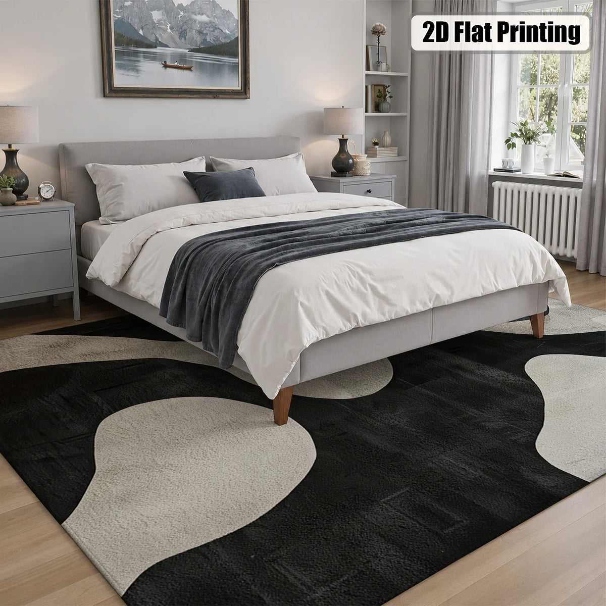 Large Indoor Area Rug, Soft Velvet Low Pile, Non-Slip Dotted Backing, Machine Washable Abstract Organic Black & Cream Pattern Rug for Living Room Bedroom Entryway