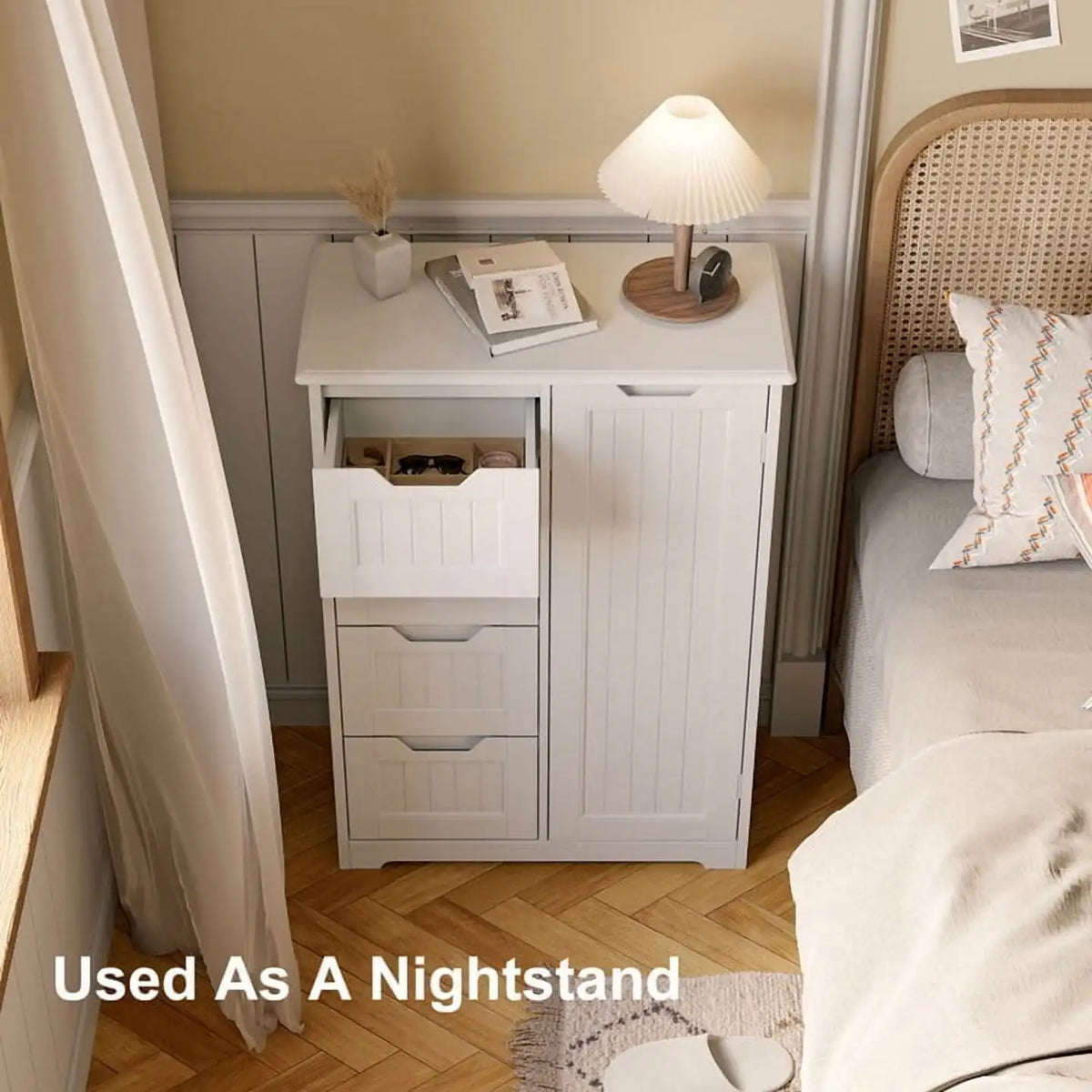 33.5"H Wooden Bathroom Storage Cabinet 4 Drawers with Cupboard and Adjustable Dividers White