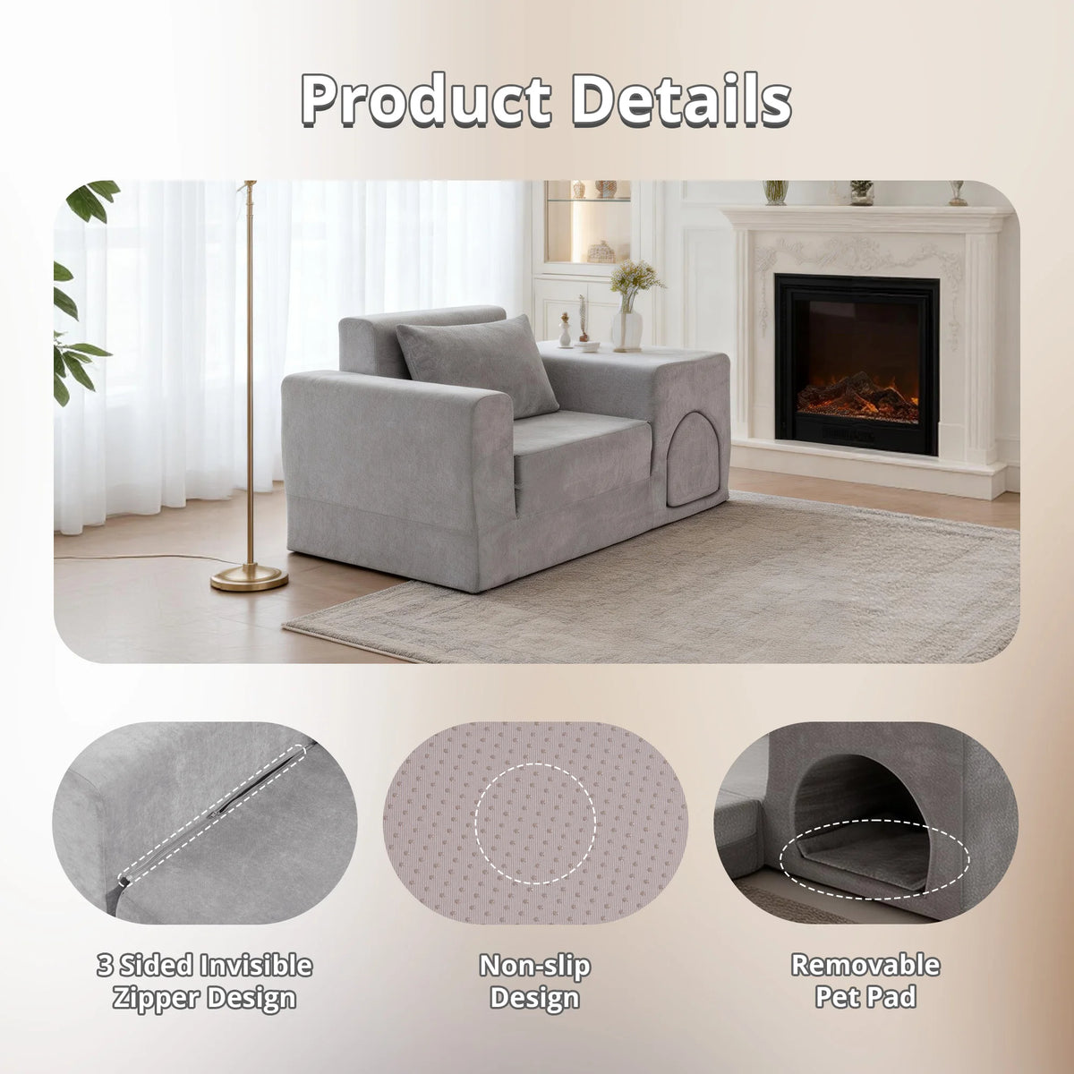 Grey 5-in-1 No-Assembly Sofa Bed with Ottoman Pet-Friendly Easy-Clean Fabric for Small Spaces Dorm Living Room