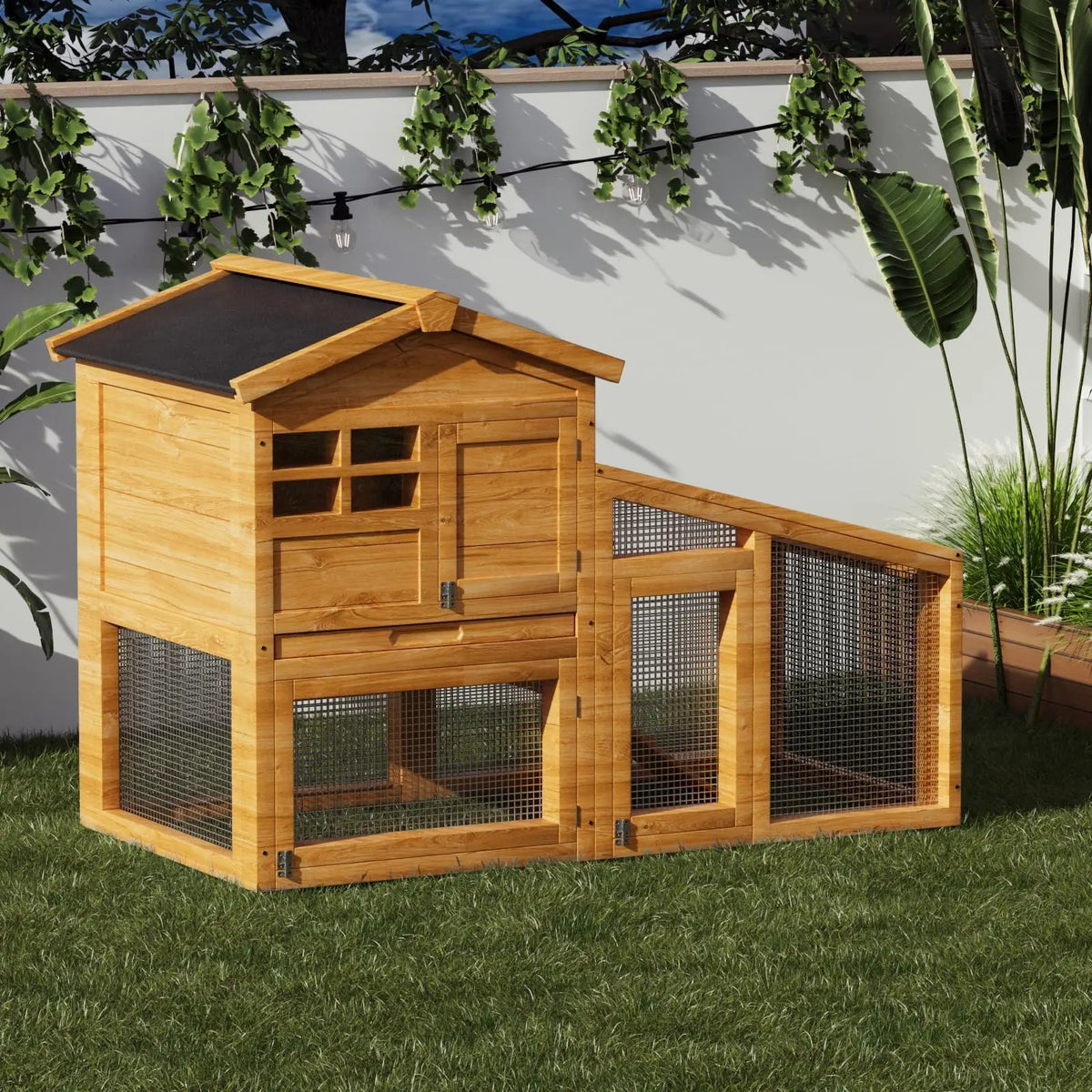 Double Layer Rabbit Hutch – 53.2"l Wooden Bunny Cage with Run, Removable Tray, Weatherproof Asphalt Roof, & Ramp – Indoor/Outdoor Pet House for Rabbits, Guinea Pigs, Chickens