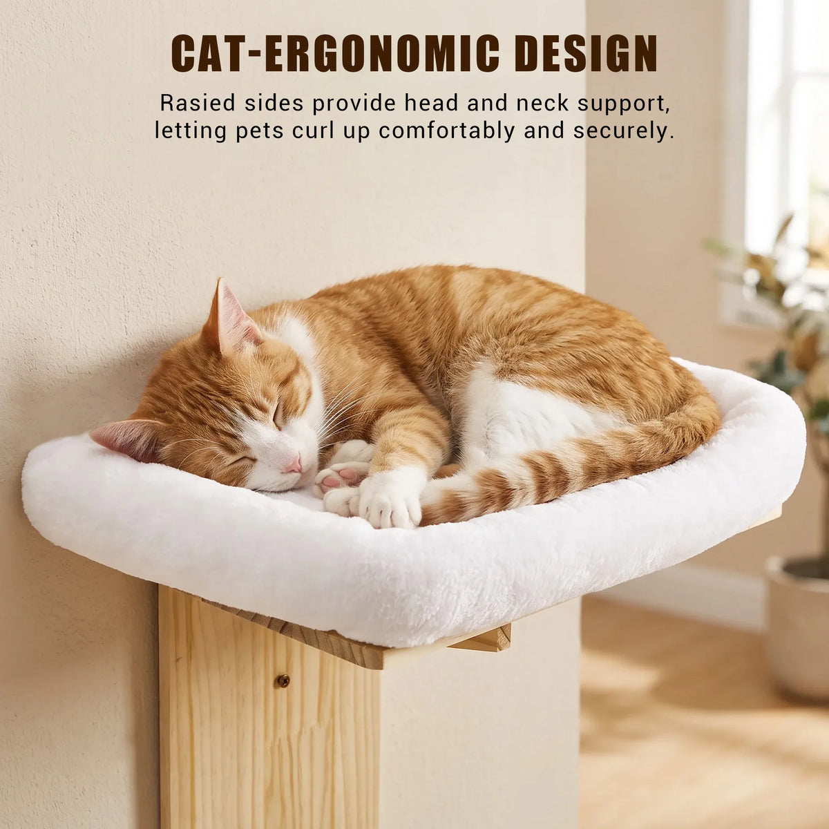 Nordic Solid Wood Wall-Mounted Cat Bed – Washable Cushion, Heavy-Duty Hanging Cat Shelf for Indoor Cats, Easy Install Corner Wall Furniture