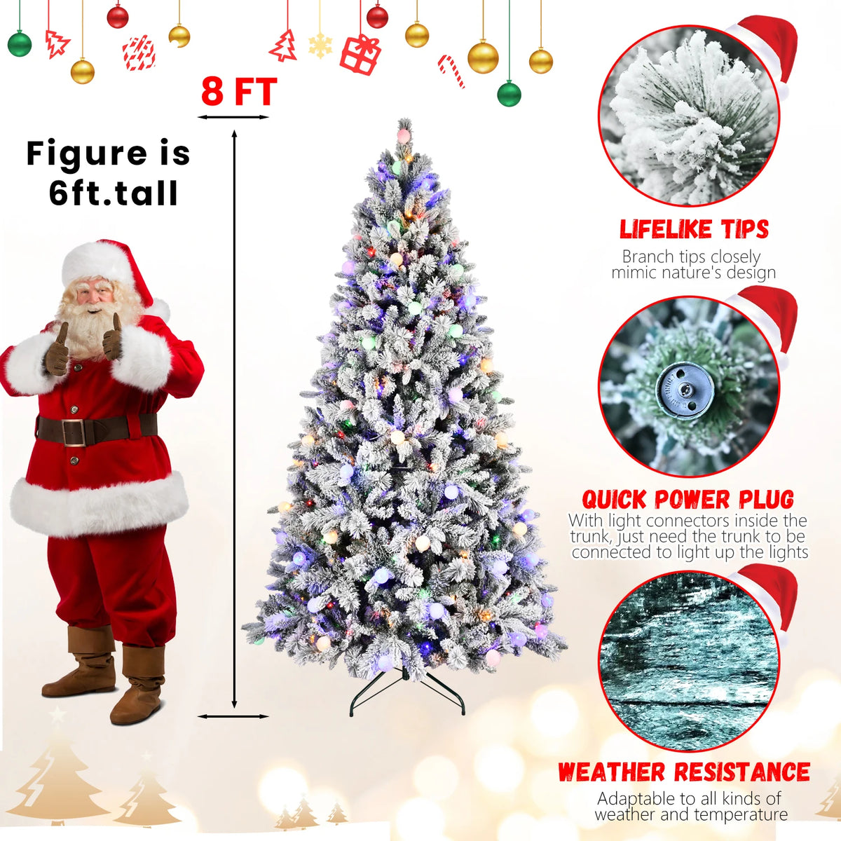 Pre-Lit Flocked Christmas Tree with Colorful LED Lights, 7.5/8ft PE+PVC+Hard Needle Memory Wire Construction, 10 Lighting Modes Foot Switch Hinged Artificial Holiday Tree with Metal Stand, Green/White