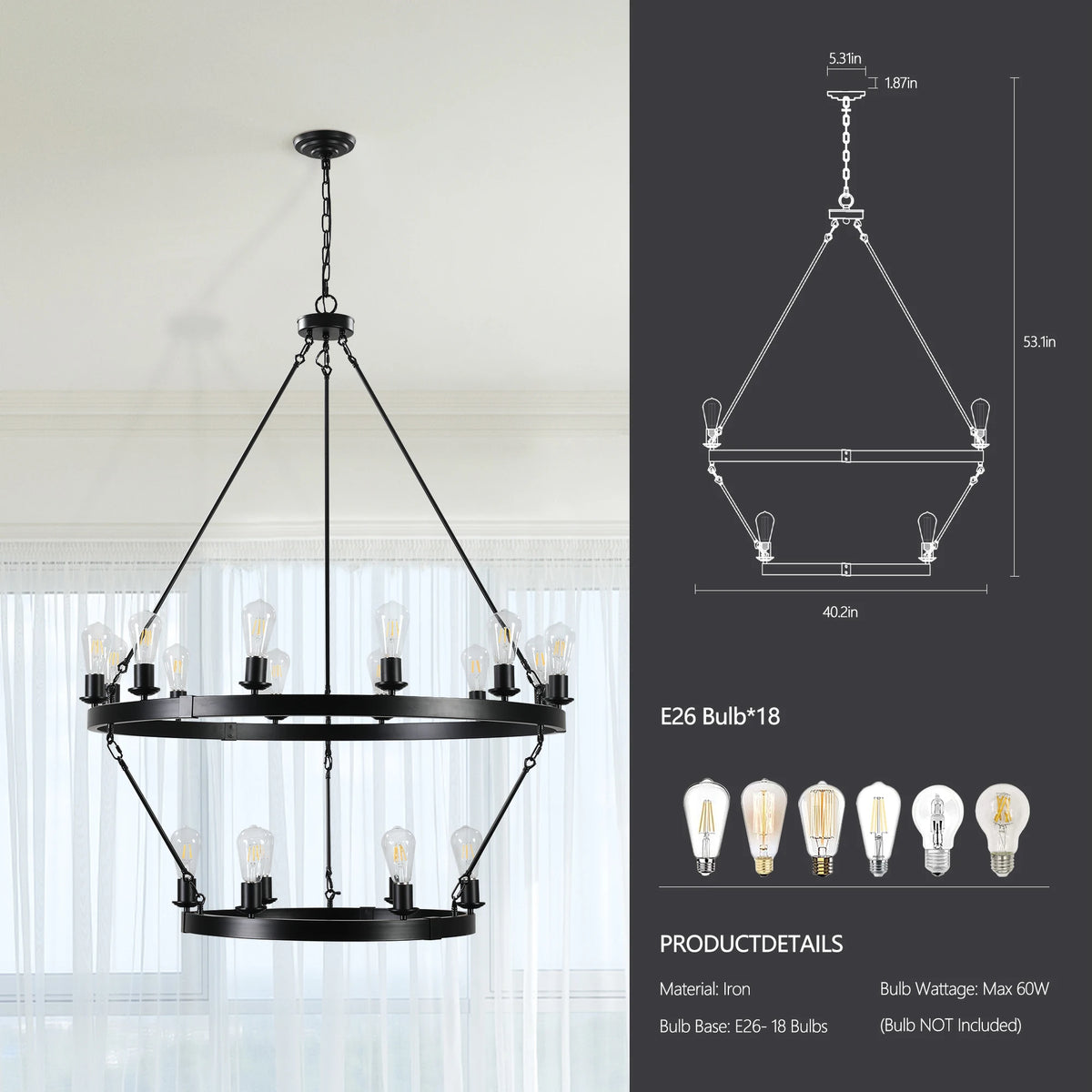 Retro style Large 2-Tier circular ceiling Ironwork chandelier