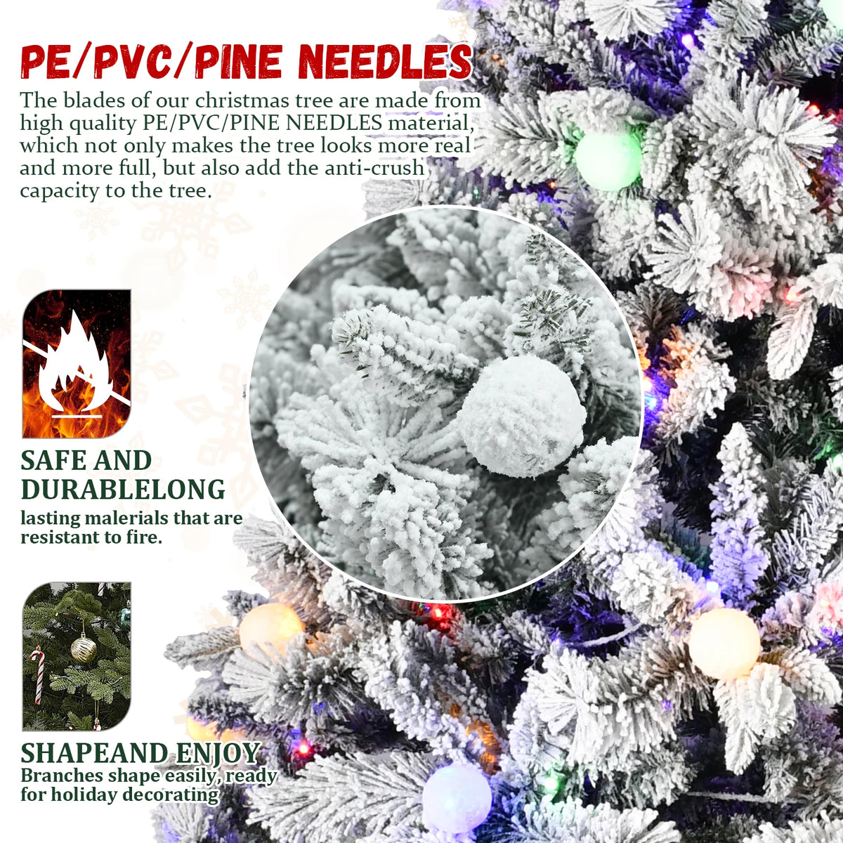 Pre-Lit Flocked Christmas Tree with Colorful LED Lights, 7.5/8ft PE+PVC+Hard Needle Memory Wire Construction, 10 Lighting Modes Foot Switch Hinged Artificial Holiday Tree with Metal Stand, Green/White