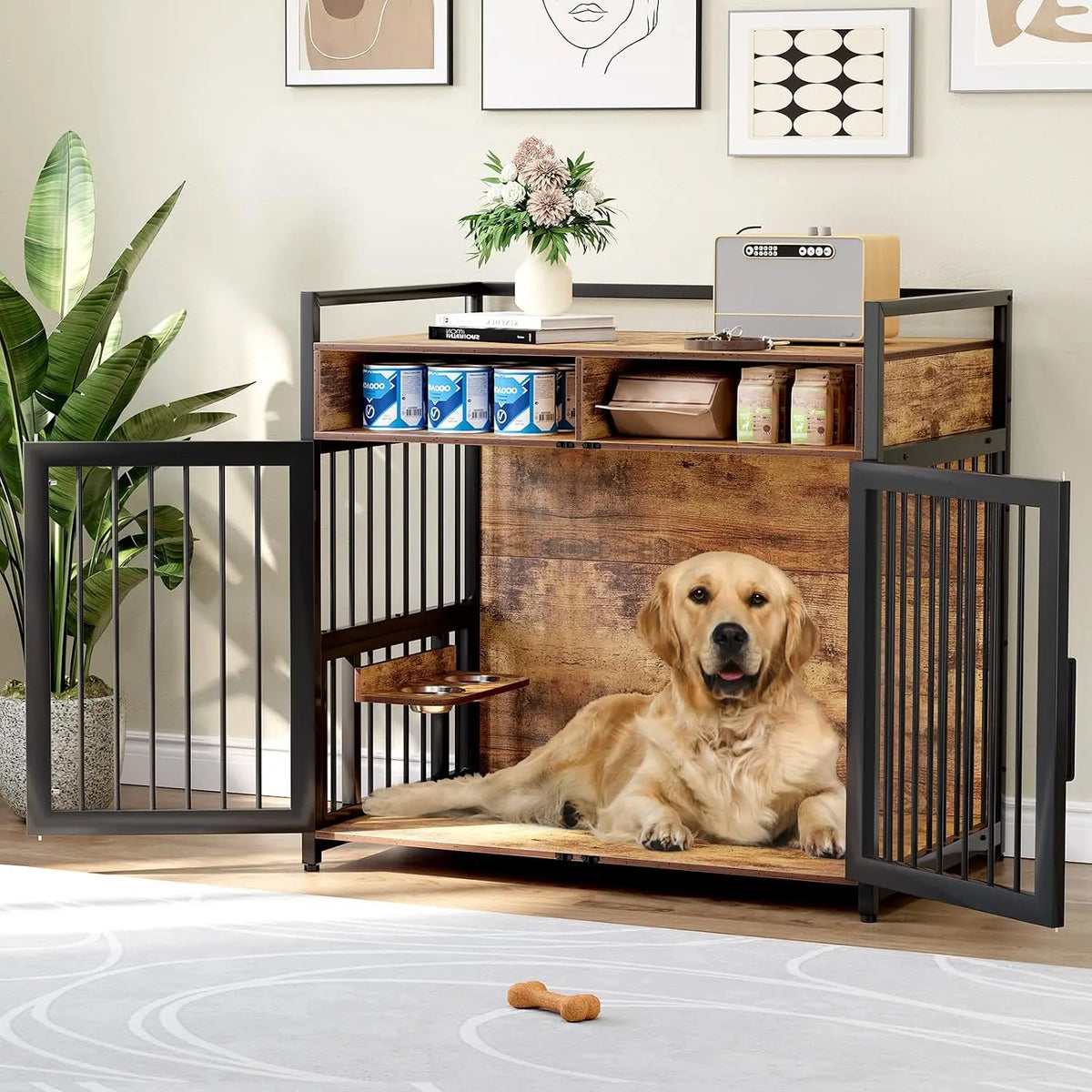Garvee Dog Crate Furniture With Storage Shelves And Double Doors