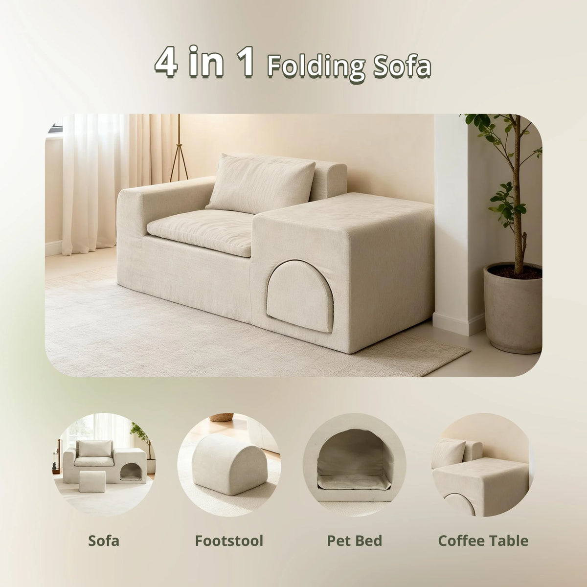 55 Inch Boneless Floor Sofa Chair Beige 4-in-1 Pet-Friendly Human Lounge Seat No Assembly Required Couch for Living Room Bedroom Apartment