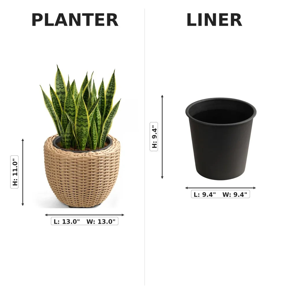 Round Polyrattan Planter, Natural Resin Wicker Plant Pot with Steel Frame – Indoor Outdoor Decorative Basket with Black Insert