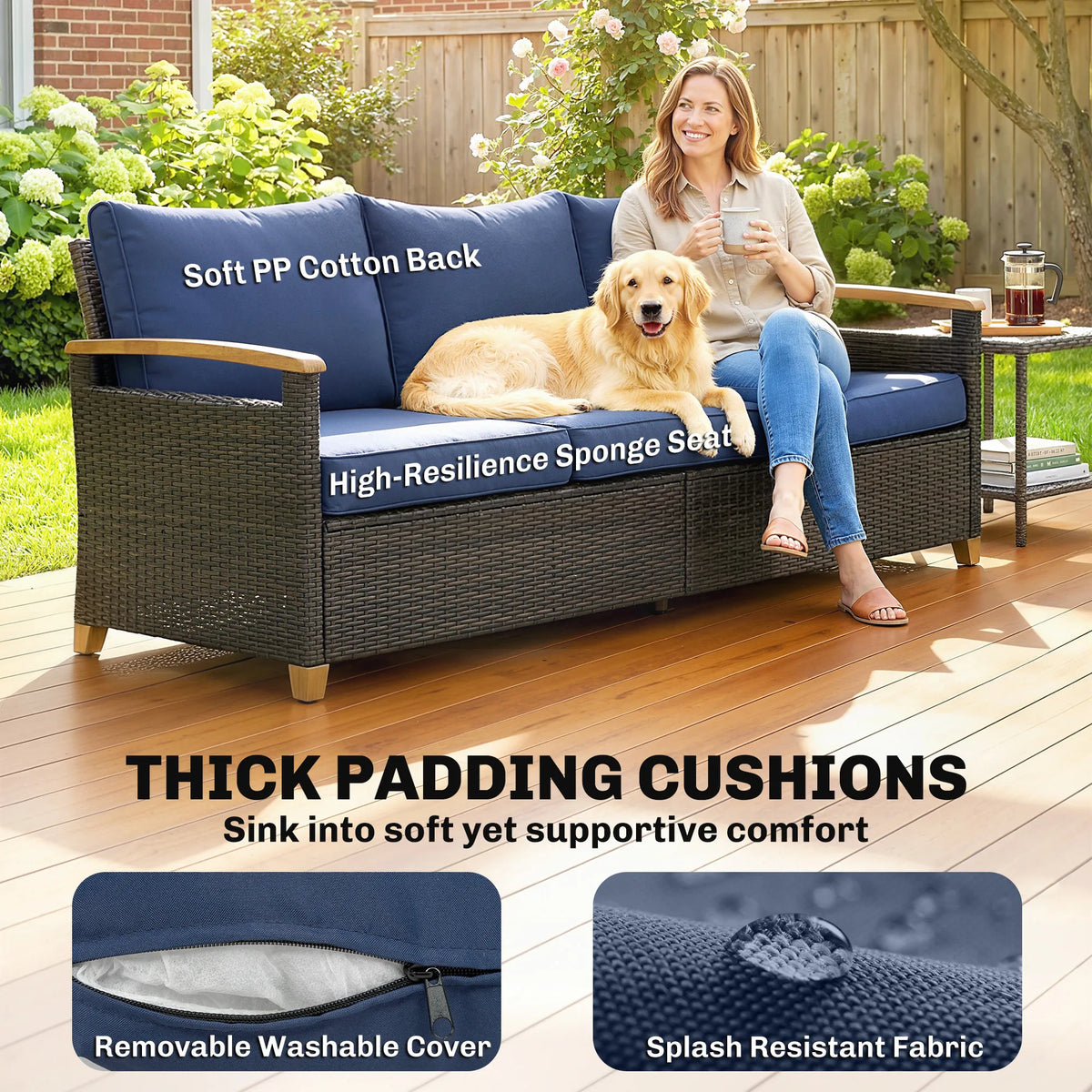Outsunny 3-Seater Outdoor Sofa with Soft Padded Wide Seats, Dark Blue