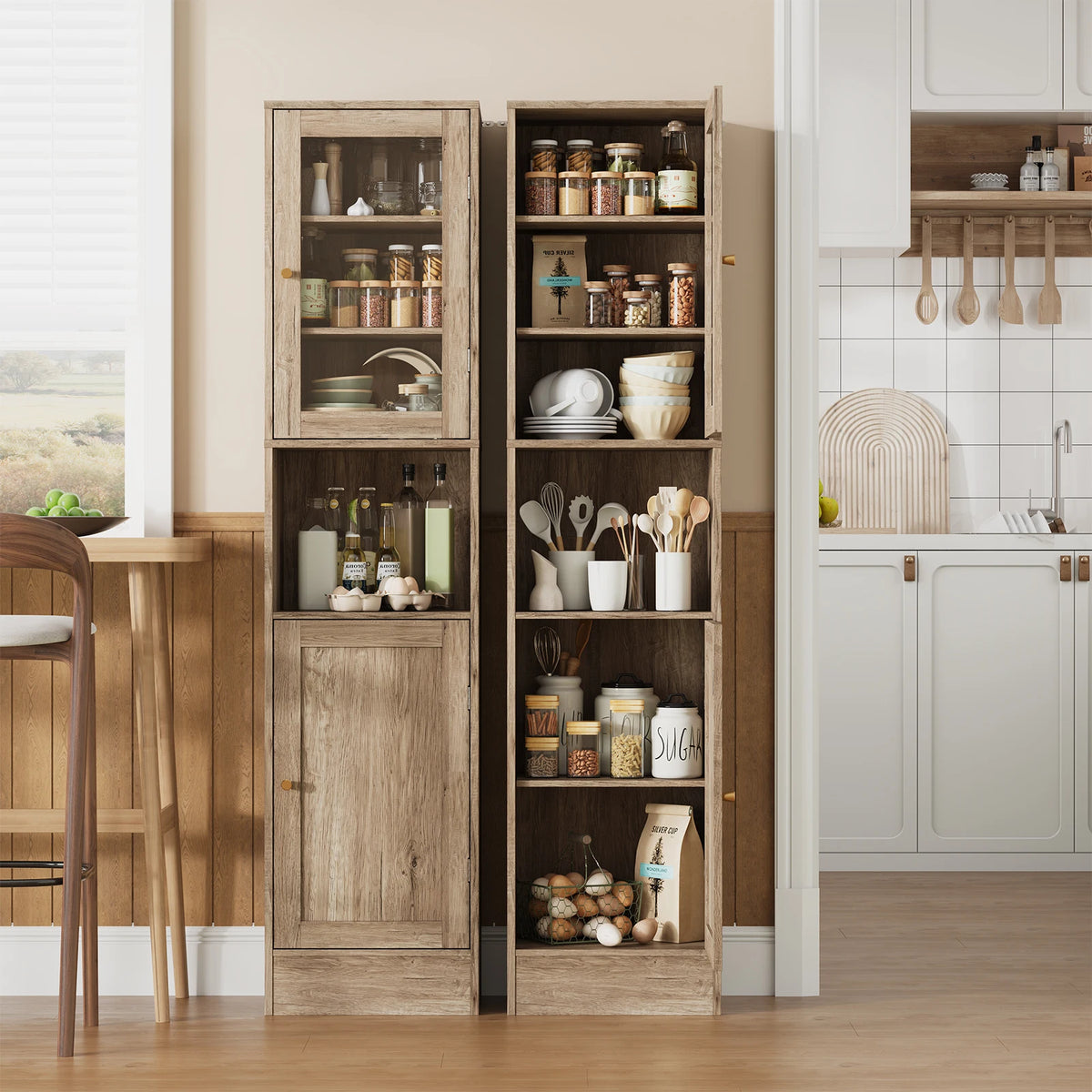67" Tall Slim Bathroom Storage Cabinet with Glass Doors Adjustable Shelves & Anti-Tip Kit – Space-Saving Linen Tower for Bath, Kitchen or Laundry Room (Gray Wood Grain/Black/White)