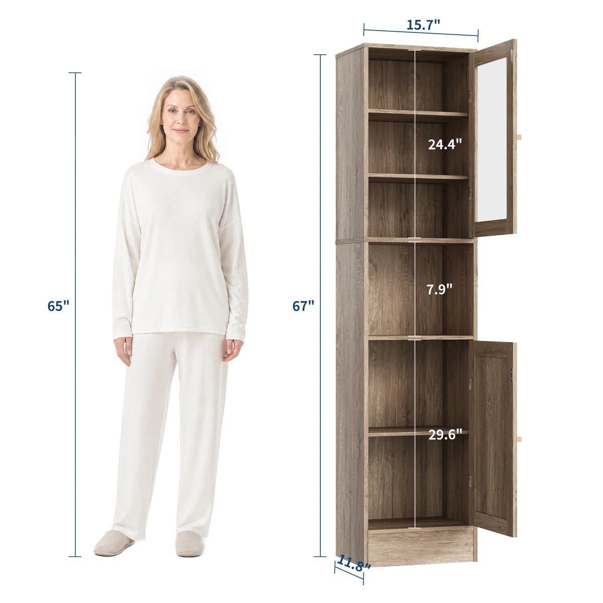 67" Tall Slim Bathroom Storage Cabinet with Glass Doors Adjustable Shelves & Anti-Tip Kit – Space-Saving Linen Tower for Bath, Kitchen or Laundry Room (Gray Wood Grain/Black/White)