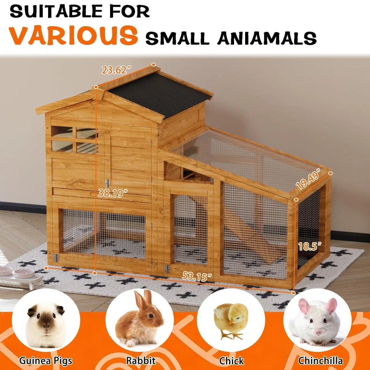 Double Layer Rabbit Hutch – 53.2"l Wooden Bunny Cage with Run, Removable Tray, Weatherproof Asphalt Roof, & Ramp – Indoor/Outdoor Pet House for Rabbits, Guinea Pigs, Chickens
