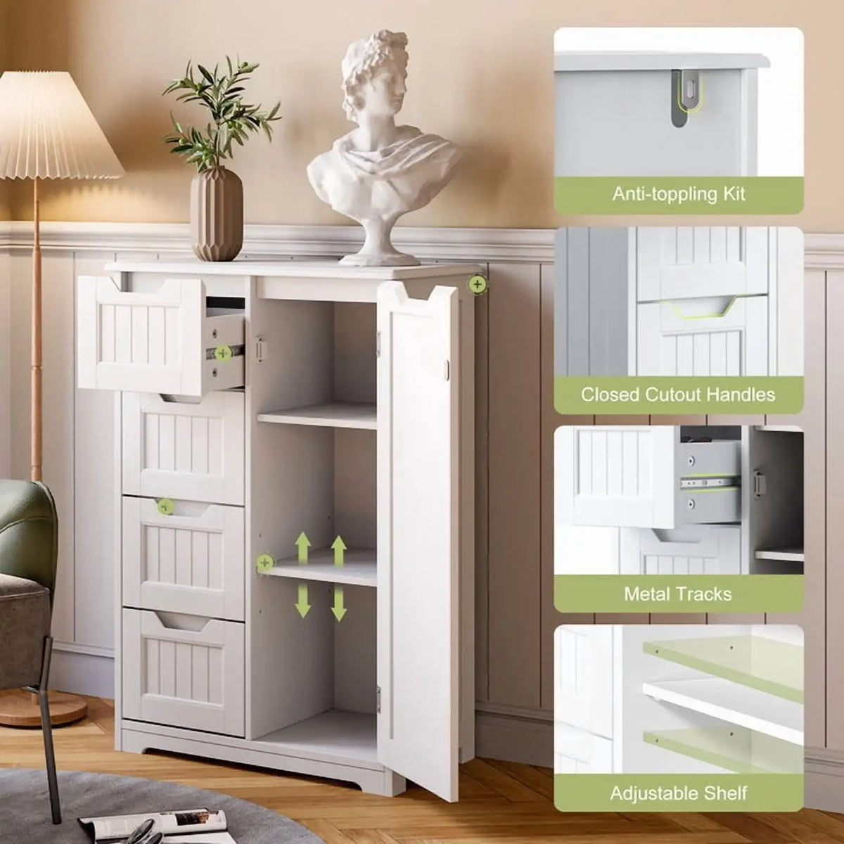 33.5"H Wooden Bathroom Storage Cabinet 4 Drawers with Cupboard and Adjustable Dividers White