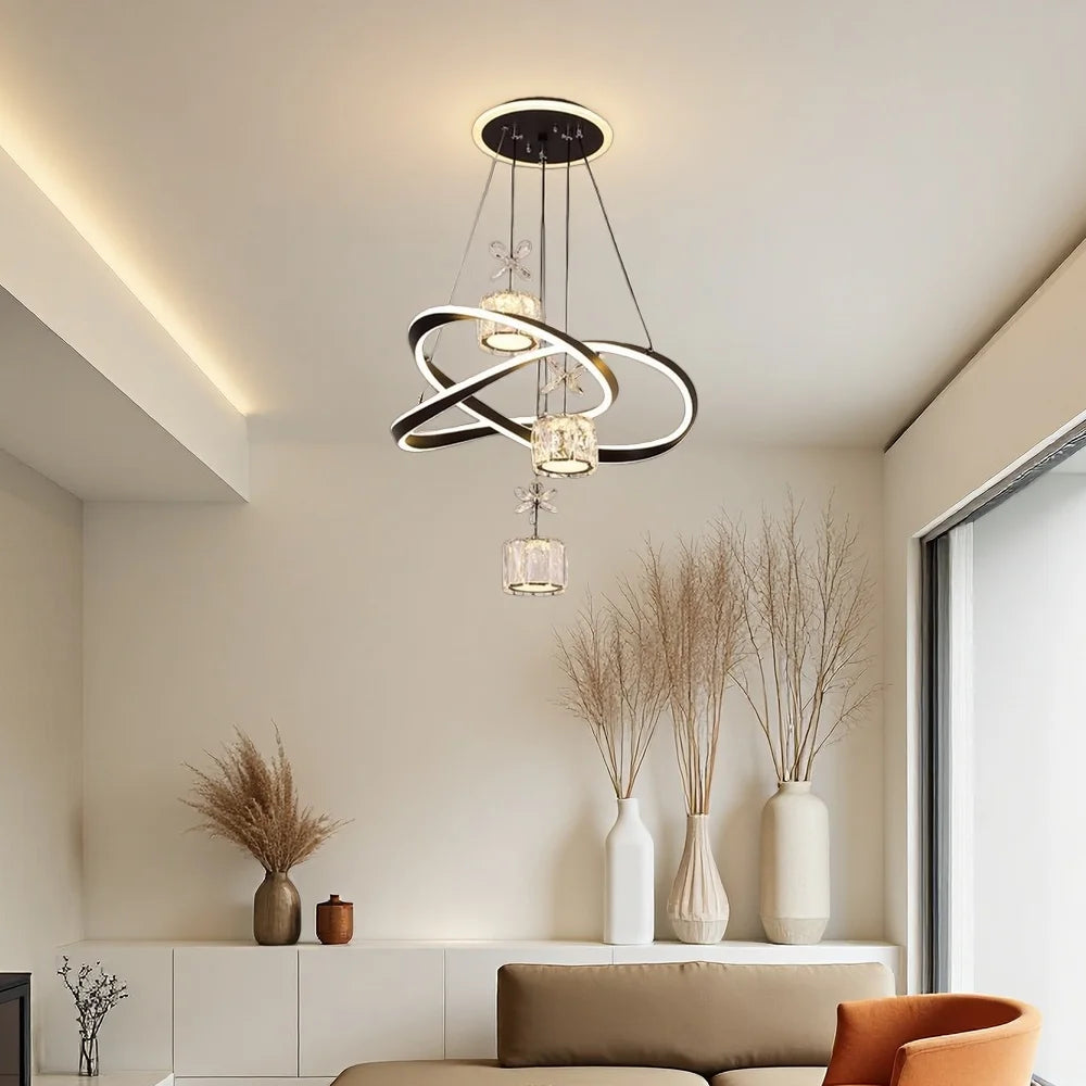 LED Pendant Light with a Crystal Lampshade, Featuring Three Adjustable Light Colors, Adjustable Height, and a Backlit Base; Suitable for Bedrooms, Living Rooms, and Above Dining Tables