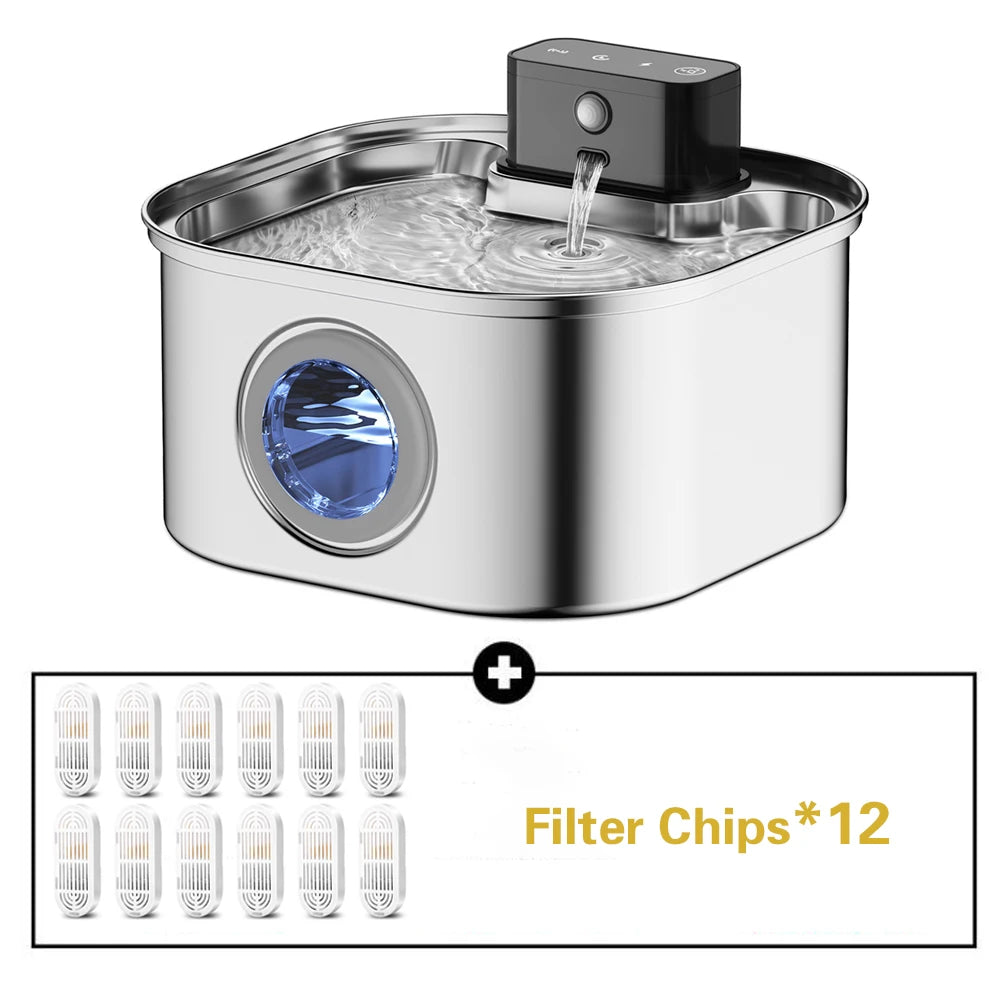 Wireless Stainless Steel Pet Water Fountain, 3.2L Automatic Cat Water Feeder with Motion Sensor, Dog Water Bowl(No 5V 1A Plug)