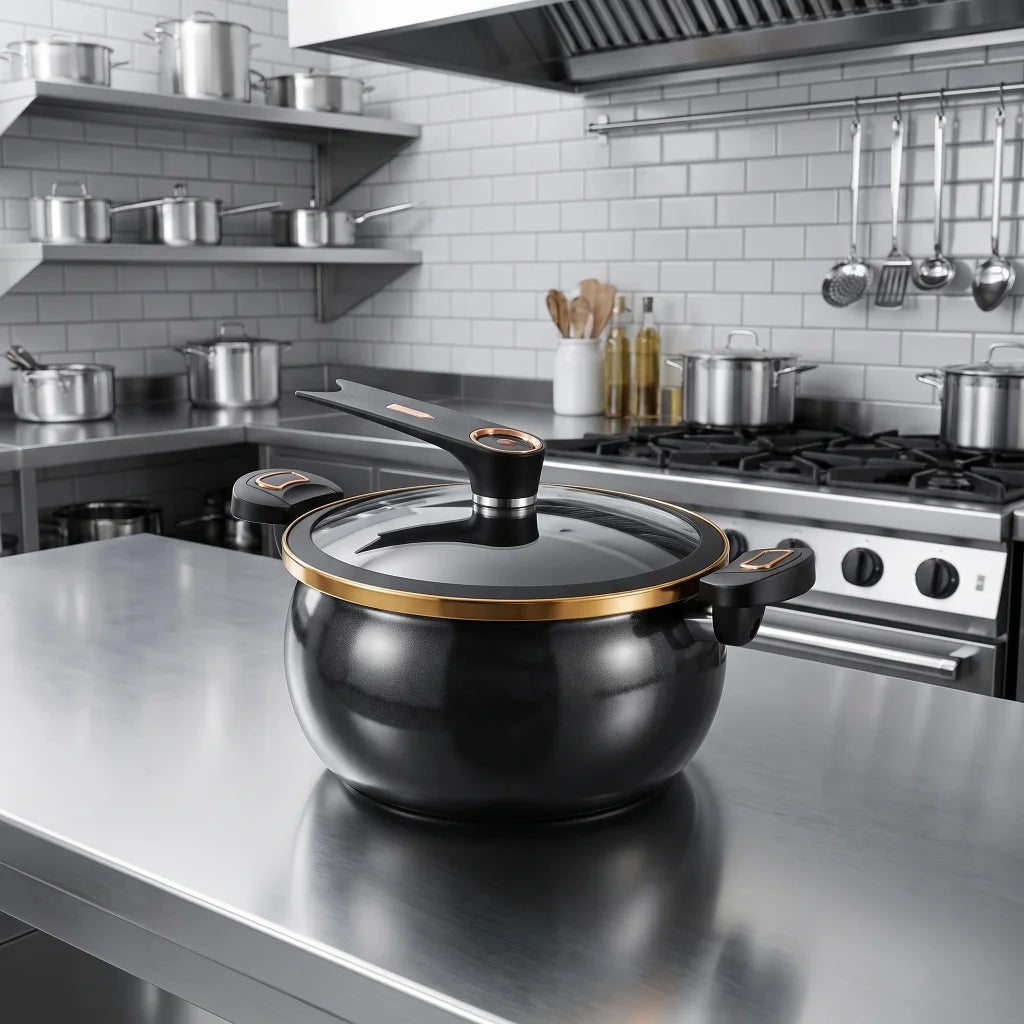 8L Large Black Enamel Micro Pressure Pot Non‑Stick Cookware Fine Iron Pot Body Cast Iron Bottom Glass Cover Universal Stove Compatibility Multi‑Function Stock Pot For Home Kitchen Family Stewing Boiling Braising Cooking U