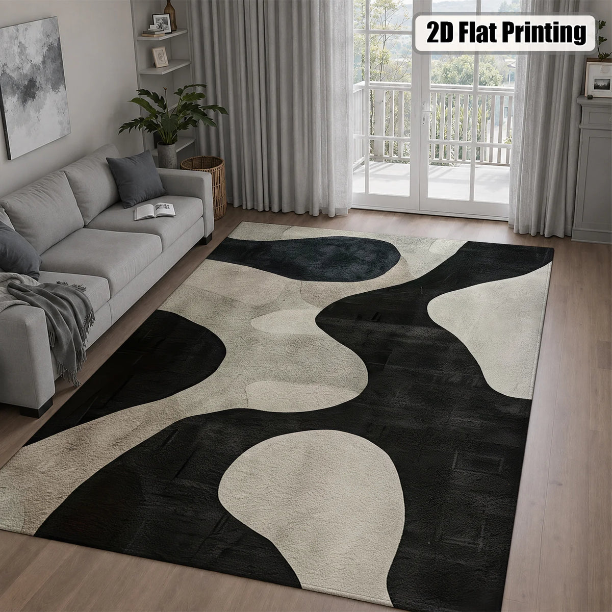 Large Indoor Area Rug, Soft Velvet Low Pile, Non-Slip Dotted Backing, Machine Washable Abstract Organic Black & Cream Pattern Rug for Living Room Bedroom Entryway