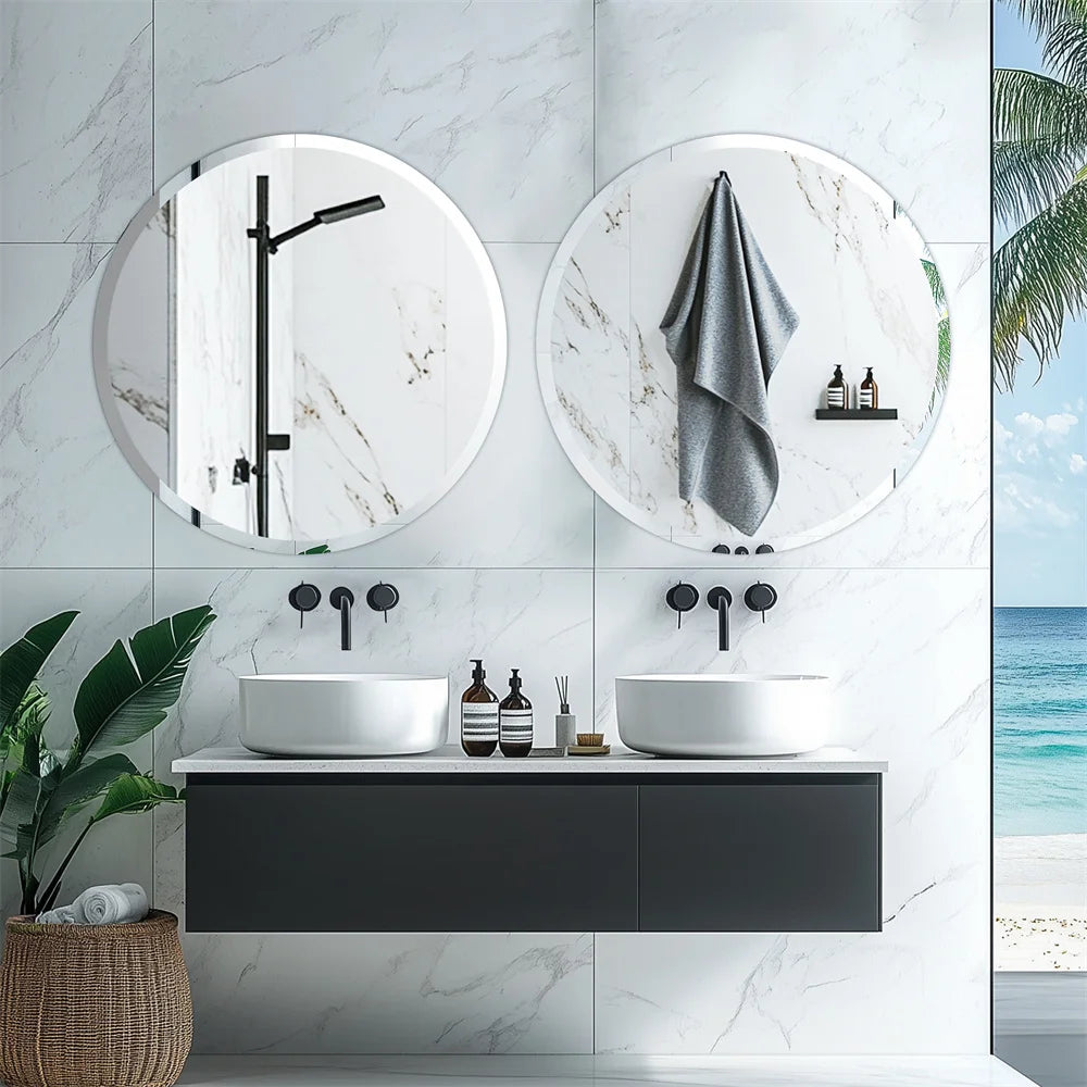 Wisfor 80cm Large Frameless Round Wall Mirror with Beveled Edge Bathroom Vanity Mirror