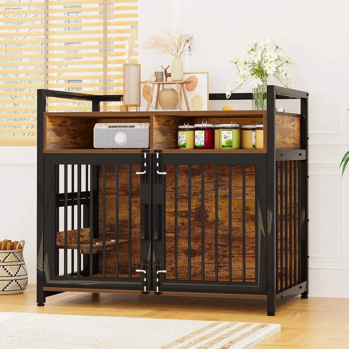 Garvee Dog Crate Furniture With Storage Shelves And Double Doors