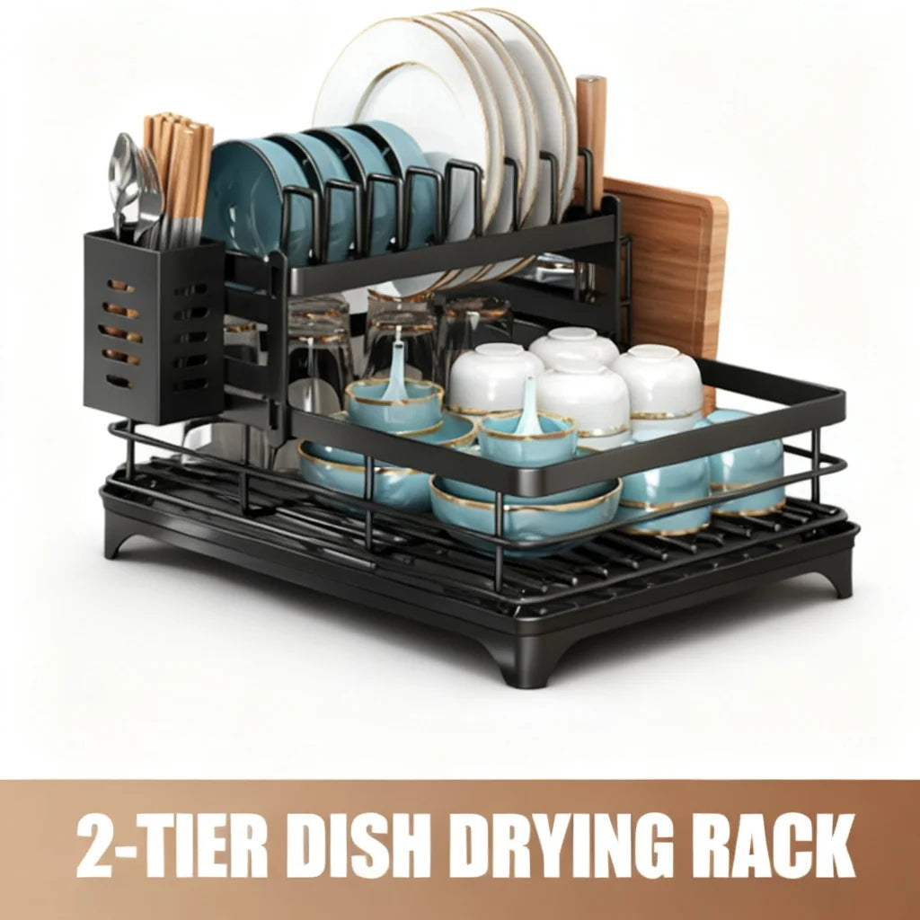 Kitchen Dish Rack 2-Tier Black Rustproof Metal Kitchen Dish Rack for Plates Bowls Cups Drainer Organizer 2026
