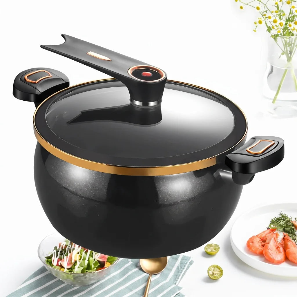 8L Large Black Enamel Micro Pressure Pot Non‑Stick Cookware Fine Iron Pot Body Cast Iron Bottom Glass Cover Universal Stove Compatibility Multi‑Function Stock Pot For Home Kitchen Family Stewing Boiling Braising Cooking U