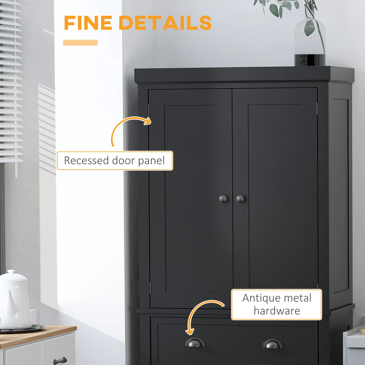 72.5" Kitchen Pantry Cabinet, Traditional Freestanding Storage Cabinet with 4 Doors, Drawer and 3 Adjustable Shelves for Dining Room, Black