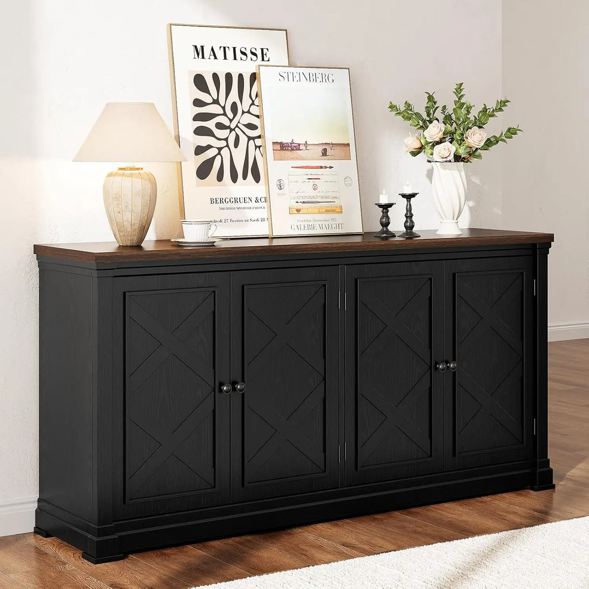 63 Inch Solid Wood Sideboard Buffet Cabinet w/ 4 Barn Doors & Adjustable Shelves, Hidden Storage Coffee Bar for Kitchen Living Room Entryway, Black