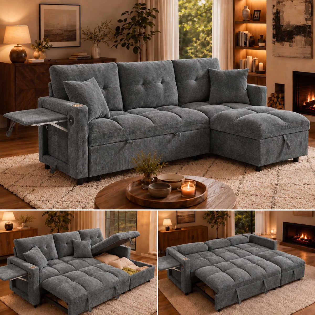 81.8" L-Shaped Sleeper Sofa with Pull Out Bed, Convertible Sectional Couch with Storage Chaise, USB/Type-C Charging and Cup Holders, Plush Chenille Modular Sofa for Living Room, Blue